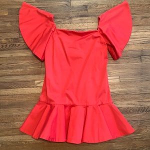 Alexis Off Shoulder Flutter Sleeve and Hem Short Dress, XS, Red